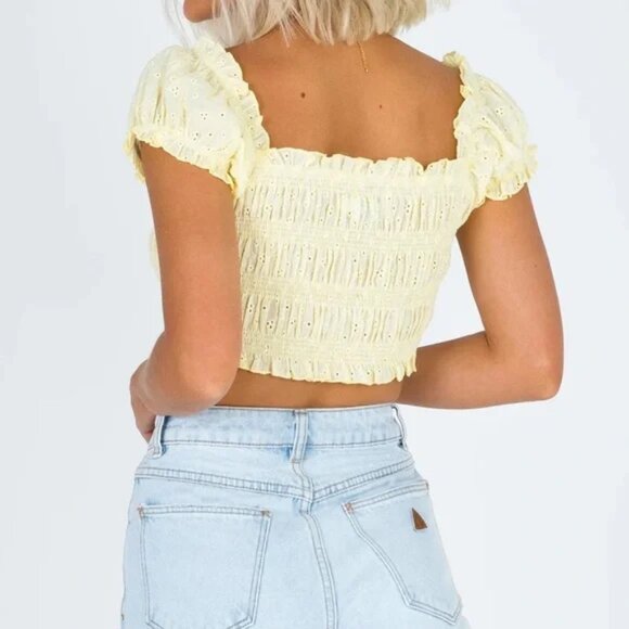 Princess Polly Elmera Top Lemon Yellow Embroidery Crop Top Size 2 - Picture 2 of 8